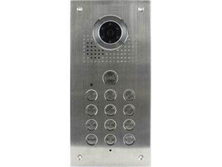 Haakili C543KP door station, shown in brushed stainless steel, the camera and IR LEDs. There is a  call button and 12 programmable buttons on the front face.