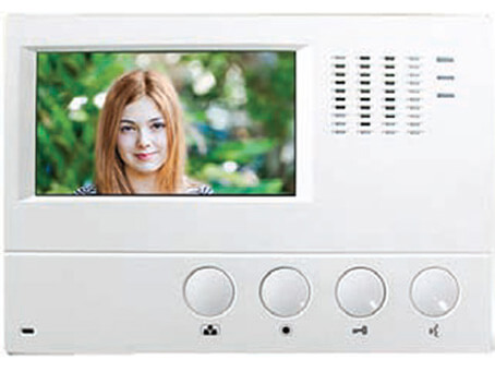 Image of the Haakili M441, glossy white monitor. It shows a young lady, and the operational buttons under the  4 inch color screen from Haakili.