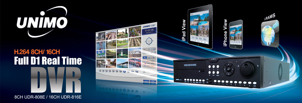 UNIMO main banner, blue in colour showing a digital video recorder, some smart devices that can view images from a UNIMO DVRs. There is also a captured screen shot of the iRAMs desktop software, and the words Full D1 Real time DVR 8CH recorder.