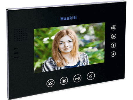 Image of the Haakili M741MB, glossy black monitor. It shows a young lady, and the operational buttons around the outside of the screen. This is a 7 inch screen from Haakili.